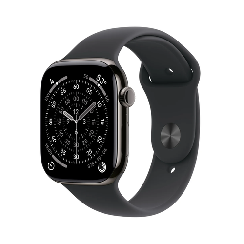 Smartwatch Apple Watch 11, GPS + Cellular, 42mm, Ecran Retina LTPO OLED, Chip S10 cu Procesor Dual-Core, 64GB Flash, Wi-Fi, Bluetooth, Carcasa Titan, Curea Sport Band S/M (Negru)
