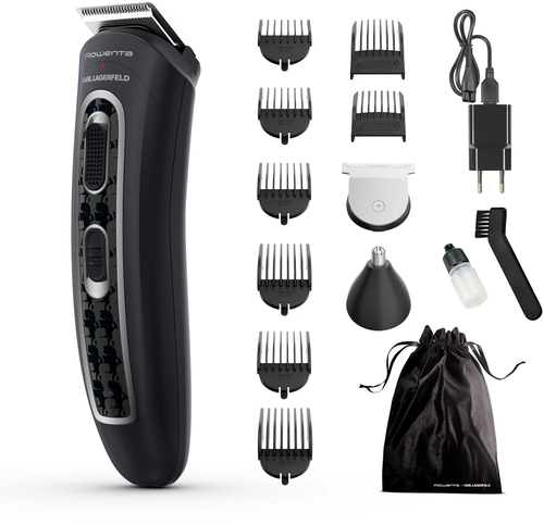 Aparat de tuns multifunctional Rowenta x Karl Lagerfeld Trim & Style 12 in 1 TN911LF0, Tehnologia Wet & Dry, Autonomie pana la 120 minute, Accesoriu pentru nas si urechi, Rezistent la apa (Negru/Rosu)