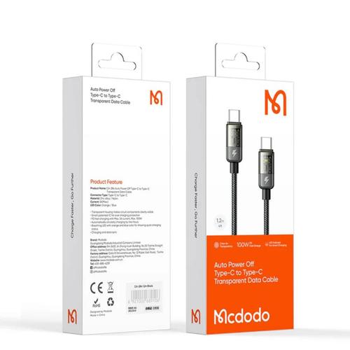 Cablu de date Mcdodo CA-2840, Type-C la Type-C, 100W, Fast Charging, Design transparent, Oprire automata, 1,2 m Negru