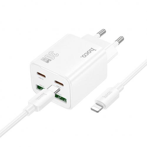 Incarcator Retea Cu Cablu Lightning HOCO N56, 30W, 3A, 2 x USB-A - 2 x USB-C (Alb)