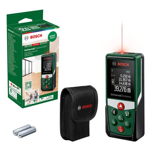 Telemetru digital cu laser Bosch Universal Distance 50C 0603672801, 50 m domeniu masurare, 635 nm dioda laser, ± 2.0 mm/m precizie, 0.5 s timp masurare, clasa laser 2, 2 x 1.5 V LR03, geanta depozitare