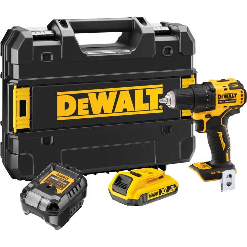 Masina compacta de gaurit si insurubat (bormasina) pe acumulator DeWALT DCD708D1T, motor fara perii, 18V XR, 1x acumulator 2 Ah Li-Ion, cuplu 65 Nm, 2 viteze, iluminare LED, corp slim 16 cm, incarcator, cutie transport TSTAK