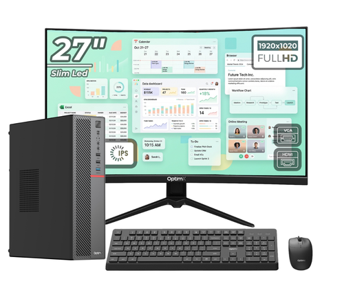 Calculator Sistem PC OptimX T5 SFF cu procesor Intel Core i5-10400, 8GB DDR4, 256GB SSD, Win11 Pro si Monitor Curbat 27inch FHD, IPS, LED + kit tastatura si mouse Pro KM500 cu fir