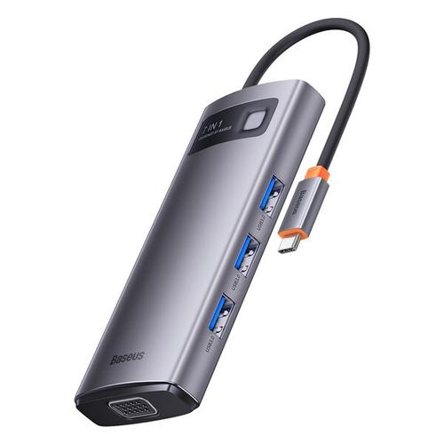Adaptor Metal Gleam 7in1, Baseus, HUB USB-C, pentru 3x USB3.0, VGA, HDMI 4K, RJ45, 100W PD (Gri)