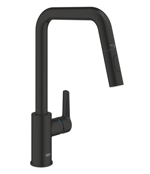 Baterie bucatarie Grohe Start 306312430, inalta, tip U, dus extractabil, 2 functii, mat, ZNegru