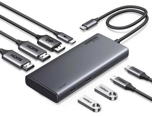 Hub USB Ugreen CM639 8-in-1, USB-C / 2xHDMI 4K60Hz, DisplayPort, 2xUSB-A, 2xUSB-C 3.2 10Gbps, USB-C PD 100W (Gri)