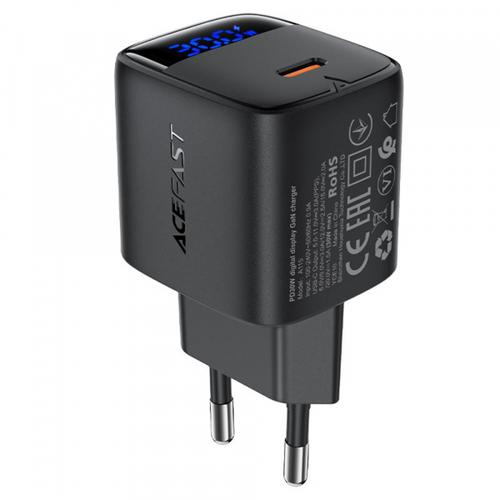 Incarcator Retea Acefast A115 Display, 30W, 3A, 1 x USB-C (Negru)