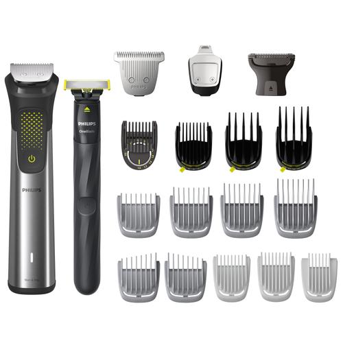 Set OneBlade & Aparat de tuns barba si parul 20 in 1 PHILIPS Multigroom All in One MG9553/15, tehnologie BeardSense si OneBlade, lame din otel cu auto-ascutire, 27 setari de lungime, rezistent la apa, husa (Argintiu)