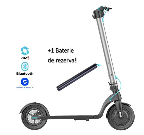 Trotineta electrica pliabila iSEN X7 Pro 2025, Aplicatie, roti 10inch, motor 350W, autonomie 25km, viteza 25km/h, baterie detasabila (Argintiu) +1 Baterie X7 Pro 36V
