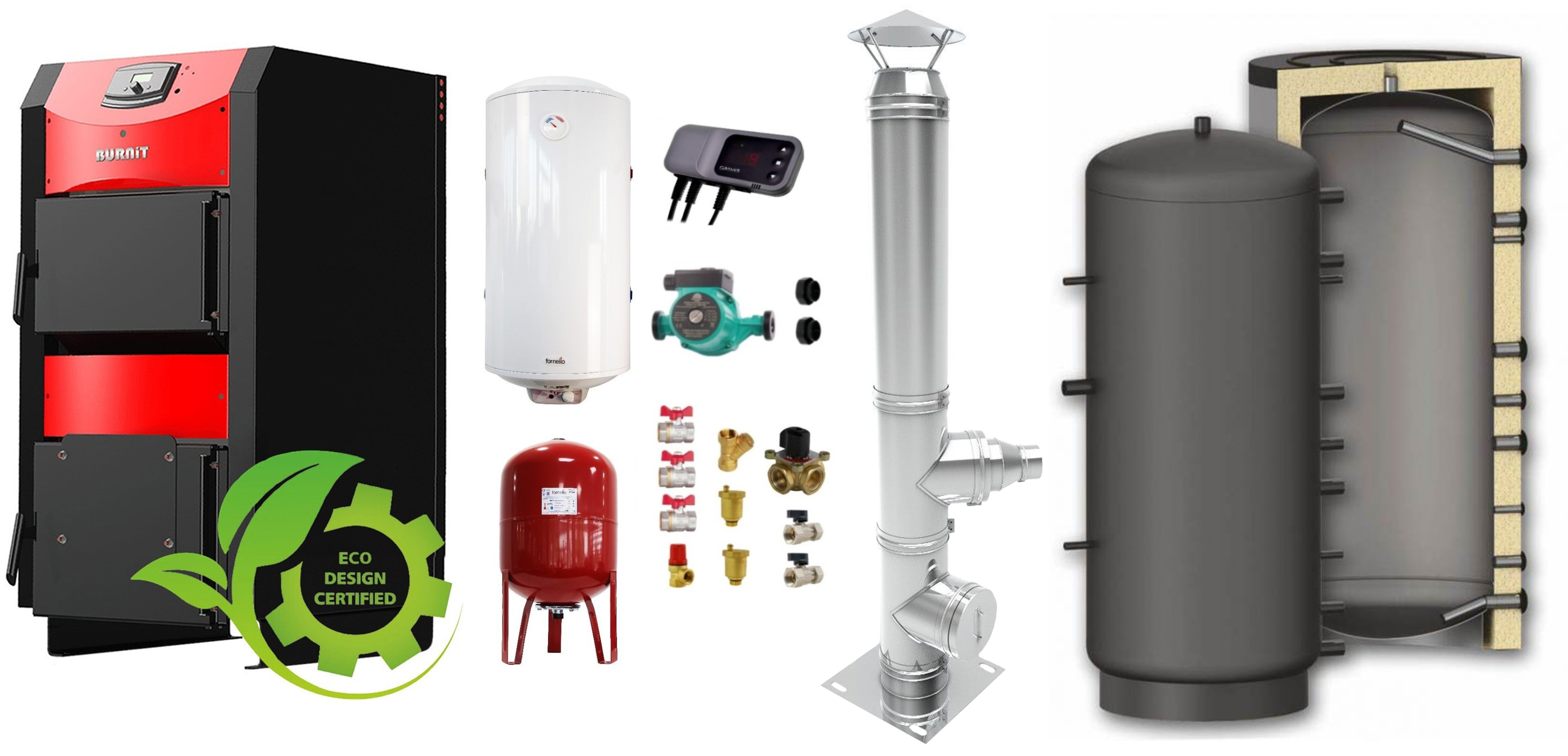 Pachet Centrala combustibil solid ​Sunsystem Burnit NWB PRIME 40 kW, puffer, cos inox, boiler termoelectric, vas expansiune, pompa circulare, controller pompa, fitinguri montaj