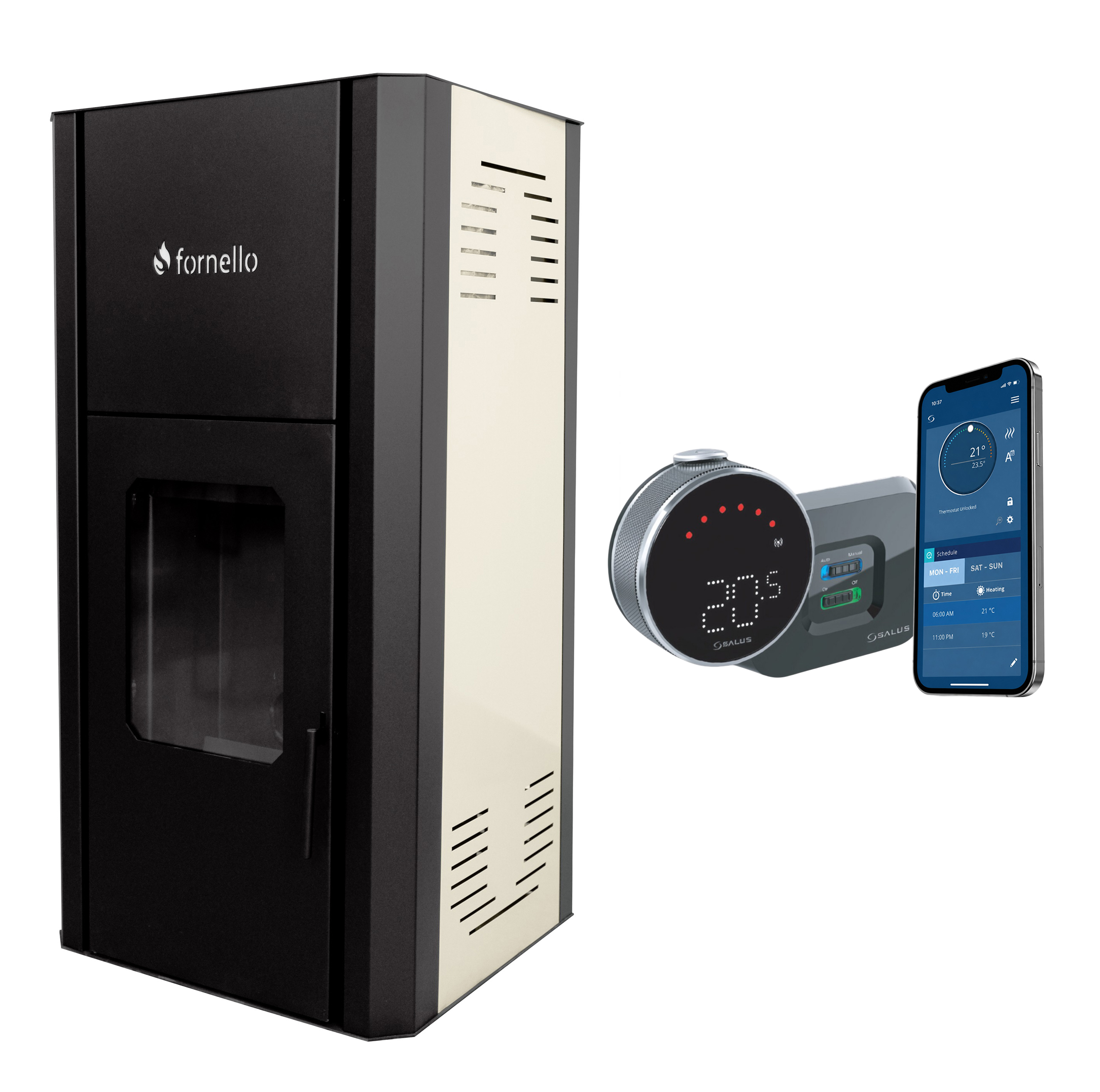 Pachet Control de la distanta Termosemineu pe peleti Fornello Primo Pellet 25 KW, aprindere automata, telecomanda, buncar, tiraj fortat, pompa, vas expansiune, touch screen, Ivory, A+ si termostat Wi-Fi Salus IT 800