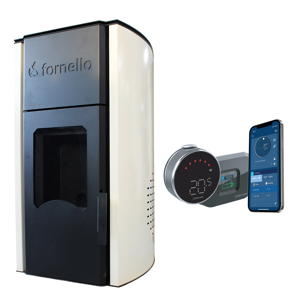 Pachet control de la distanta Termosemineu  centrala peleti Fornello Royal Ivory 25 kw, complet echipat pentru   incalzire, pompa, vas  expansiune, automatizare, telecomanda, buncar peleti tiraj fortat si termostat Wi-Fi Salus IT 800
