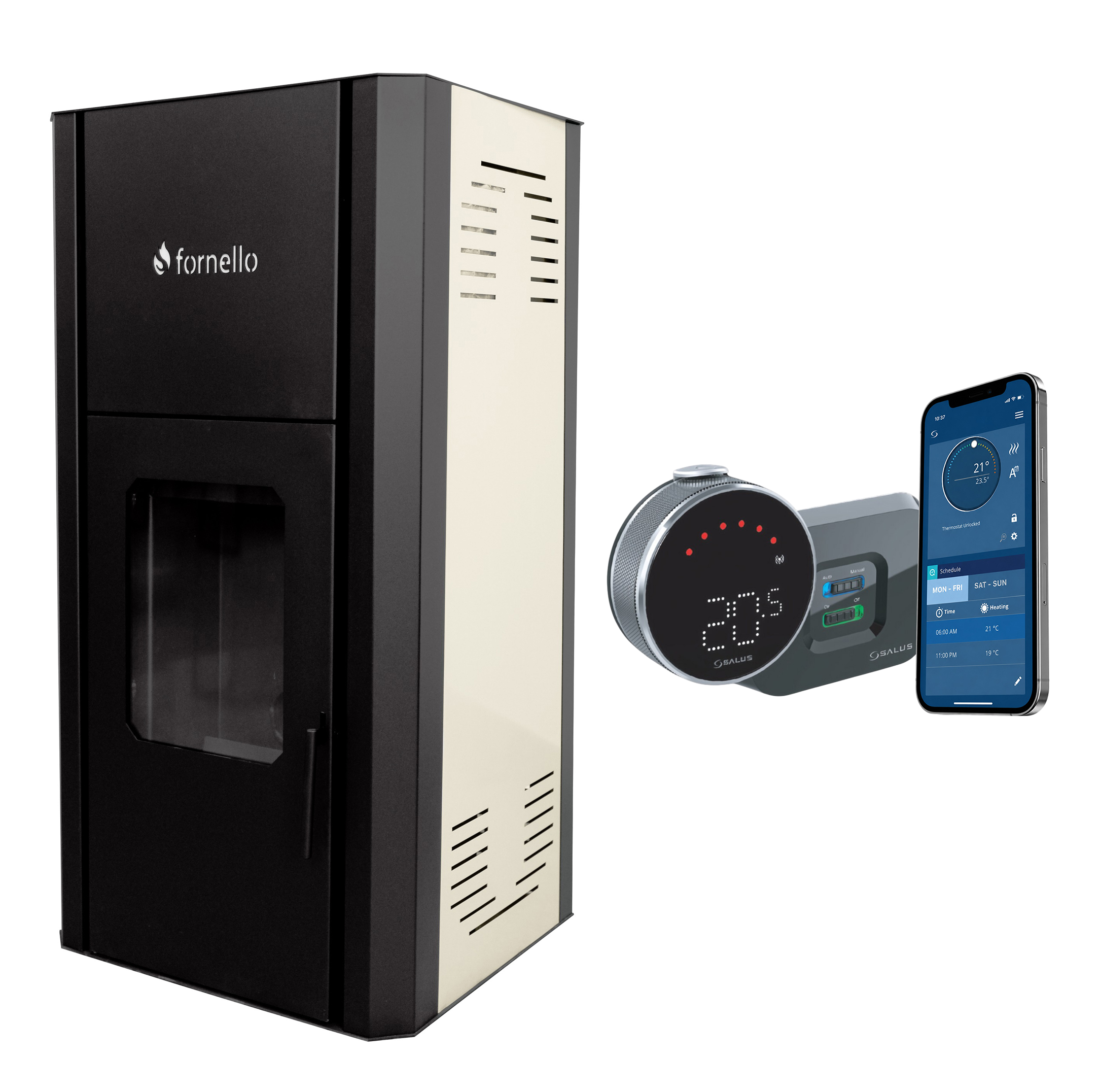 Pachet control de la distanta Termosemineu pe peleti Fornello Primo Pellet Ivory 30 kw, pompa, vas expansiune, supapa, buncar peleti 30 kg, automatizare, pana la 200 mp si termostat Wi-Fi Salus IT 800