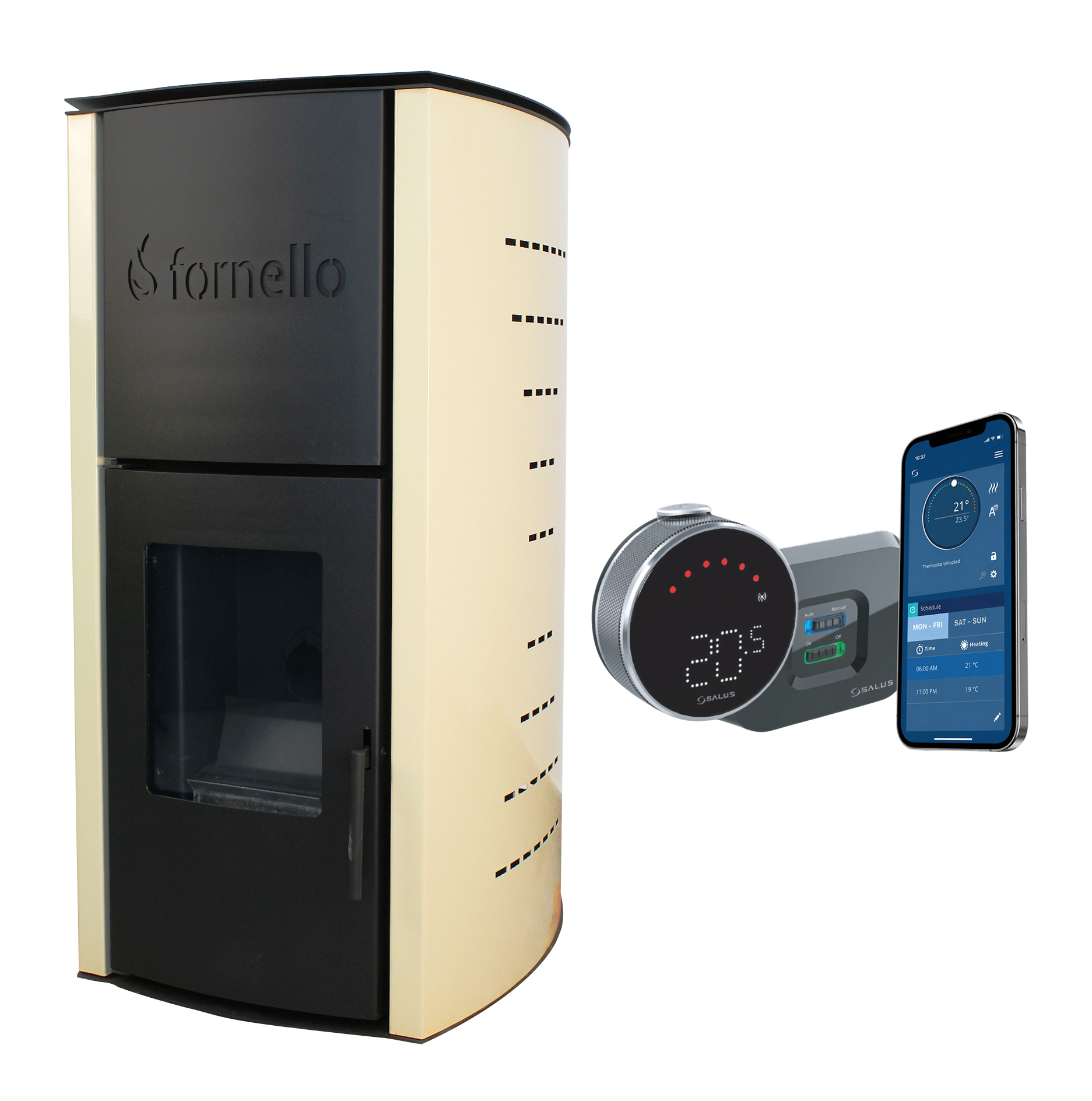 Pachet control de la distanta Termosemineu  centrala peleti Fornello Michelle 12 KW, complet echipat pentru incalzire, pompa, vas expansiune, automatizare, telecomanda, buncar  tiraj fortat, aprindere automata si termostat Wi-Fi Salus IT 80