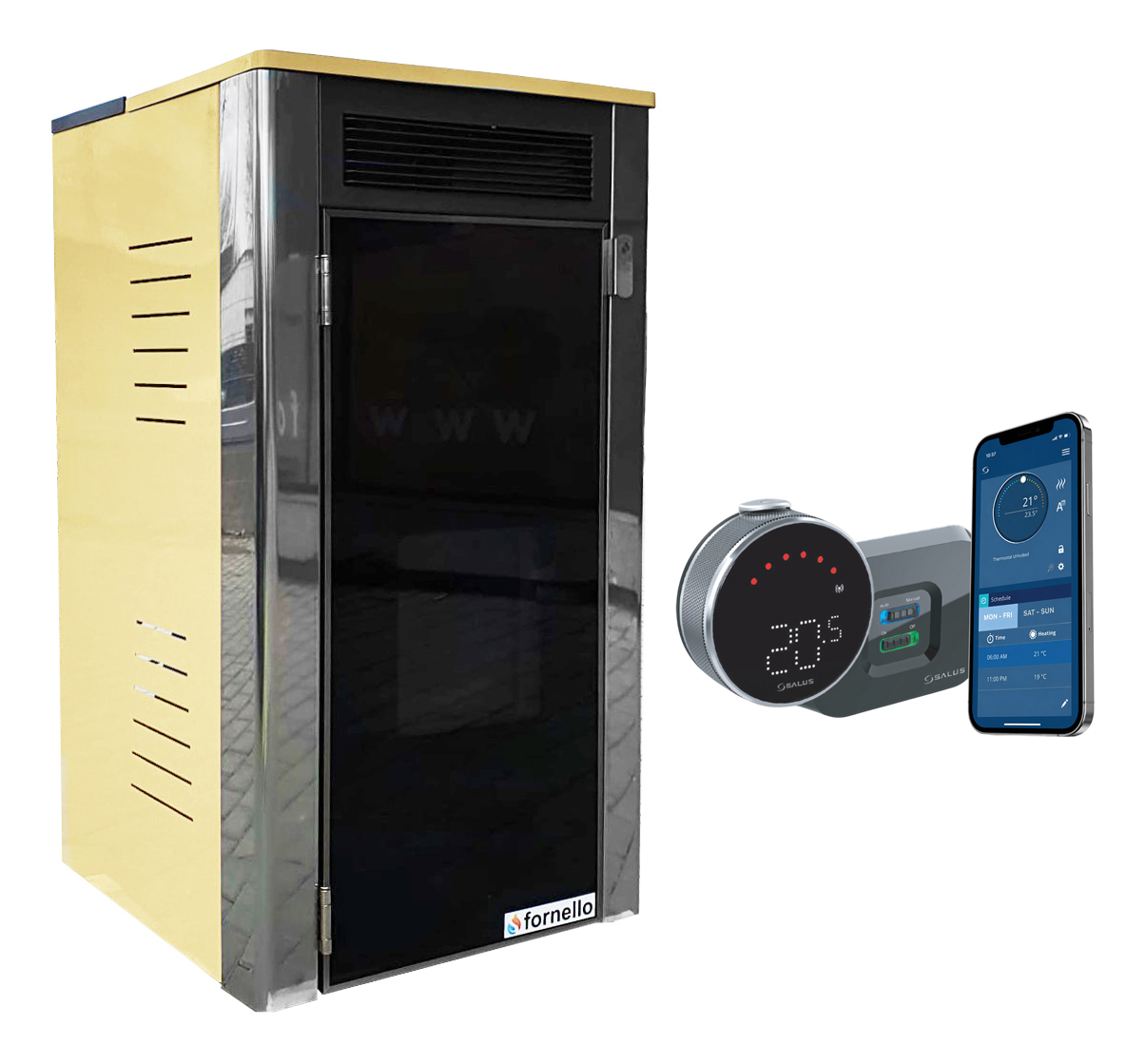 Pachet control de la distanta Termosemineu Fornello Primo Truva 25 kW Ivory ,pompa ,vas de expansiune, supapa de siguranta, sistem de curatare MECANICA creuzet si termostat Wi-Fi Salus IT 800