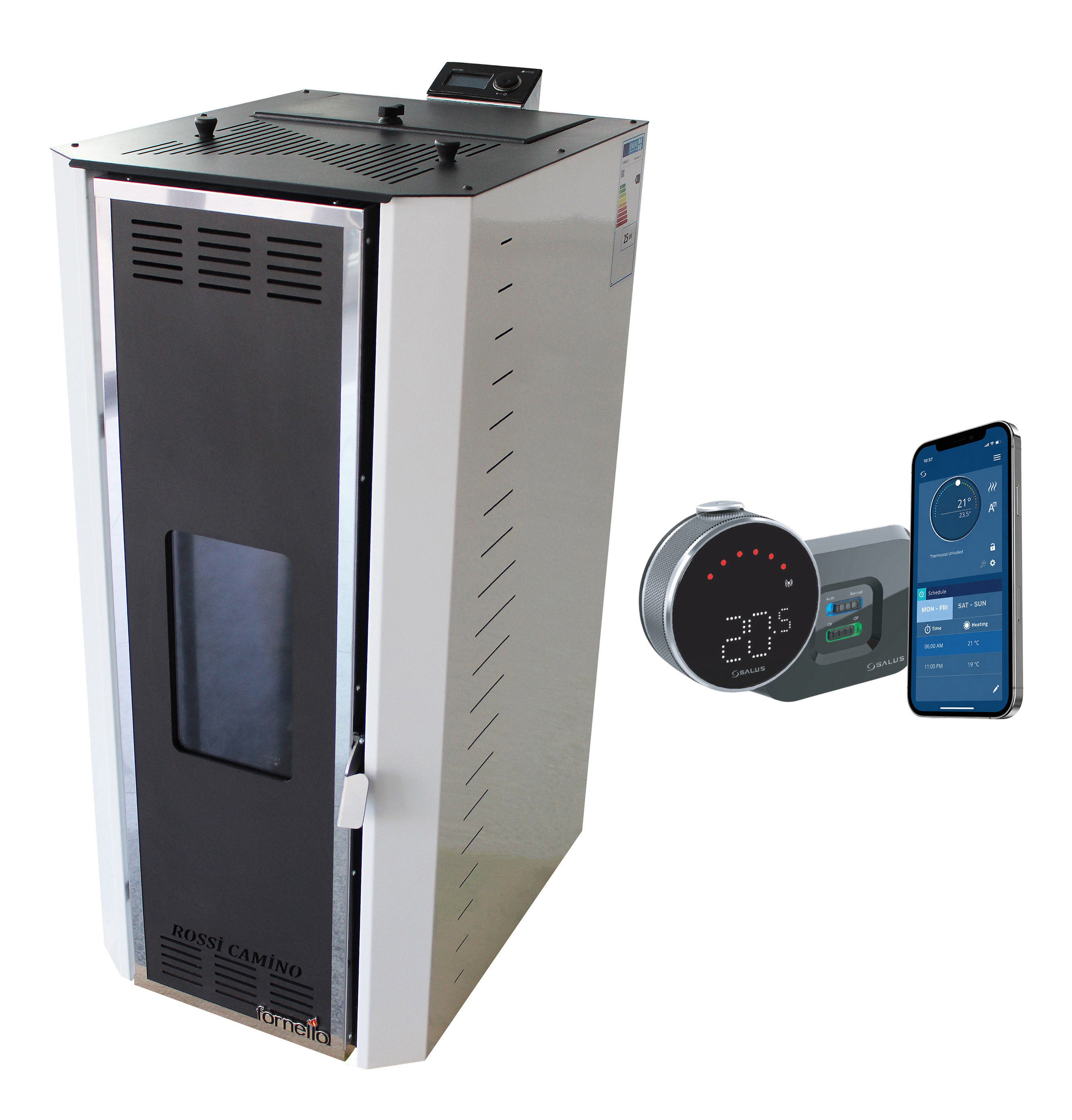 Pachet control de la distanta Termosemineu pe peleti Fornello Camino Rossi 25 kW, pompa Grundfos, vas expansiune, arzator inox si termostat Wi-Fi Salus IT 800