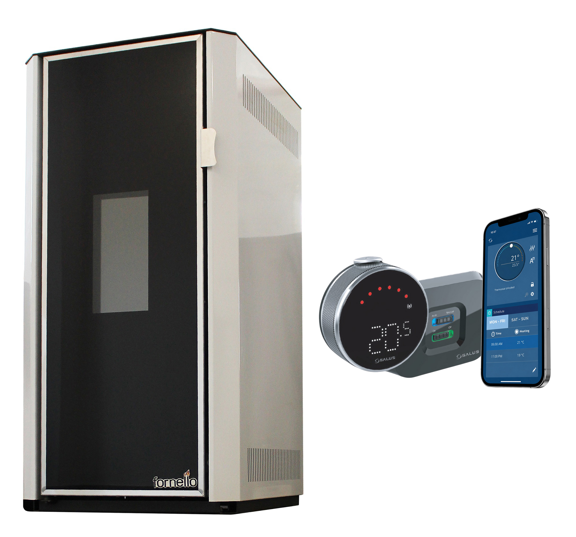 Pachet control de la distanta Termosemineu pe peleti Fornello Lidya 25 kW, pompa Grundfos, vas expansiune, telecomanda, arzator inox, sistem curatare mecanica si termostat Wi-Fi Salus IT 800