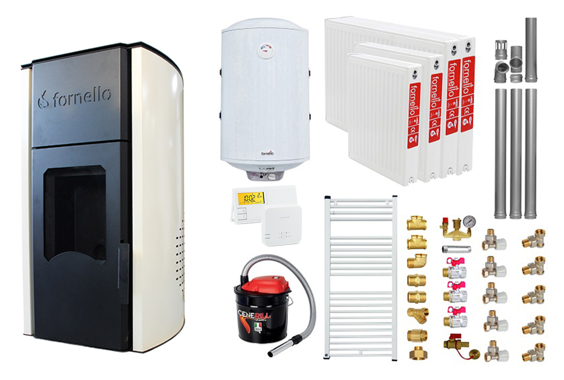 Pachet Termosemineu peleti Fornello Royal Ivory 25 kw, complet echipat, pompa circulatie, vas expansiune, automatizare, kit evacuare 3.5 ml, Boiler Termoelectric Fornello 100 l, Termostat Salus 091FLRFV2, Aspirator, Calorifere si kit montaj