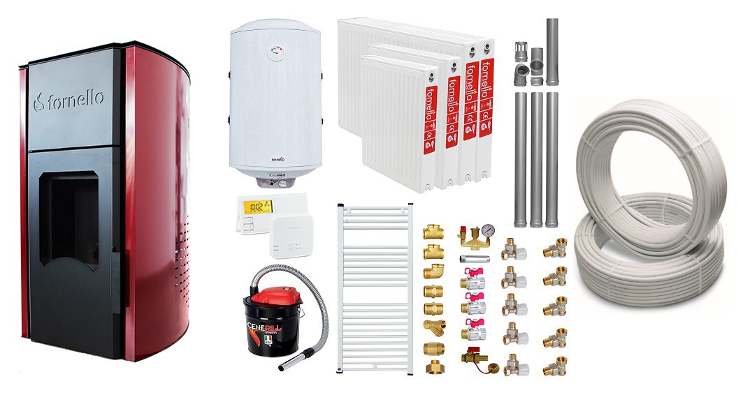 Pachet Termosemineu peleti Fornello Royal Bordeaux 25 kw, complet echipat, pompa circulatie, teava hidronix, vas expansiune, automatizare, kit evacuare 3.5 ml, Boiler Termoelectric Fornello 100 l, Termostat Radio Comanda Salus 091FLRFV2, As