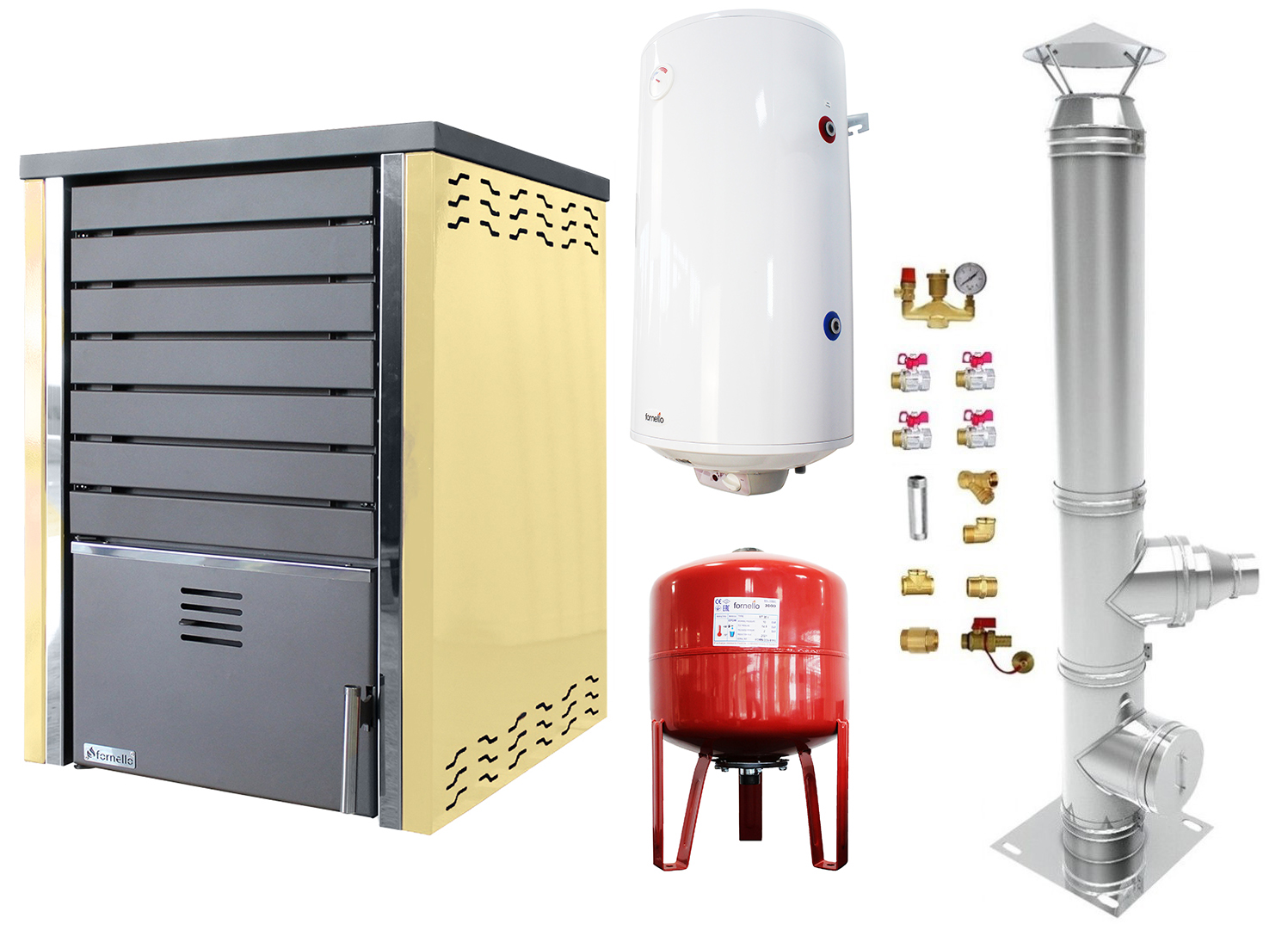 Pachet Centrala pe lemne FORNELLO SAUNA CREAM 30 kw echipata cu pompa de circulare, cos inox, boiler termoelectric 100l, vas expansiune si kit montaj