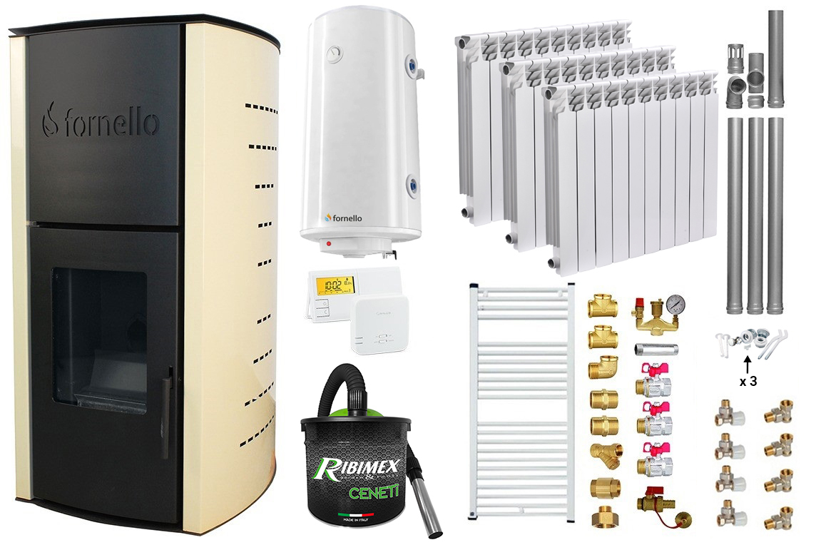 Pachet Termosemineu pe peleti Fornello Michelle 12 kW, echipat cu pompa, vas expansiune, automatizare, Calorifere aluminiu Fornello Alvo, Boiler, kit evacuare 3.5 ml, Aspirator Cenusa, Termostat Salus 091FLRFV2 si Fitinguri