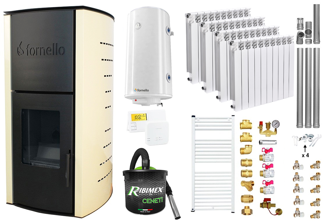 Pachet Termosemineu pe peleti Fornello Royal Ivory 18 kW, complet echipat cu pompa, vas expansiune, automatizare, culoare crem, Calorifere aluminiu Fornello Alvo, Boiler, kit evacuare 3.5 ml, Aspirator Cenusa, Termostat Salus 091FLRFV2 si F