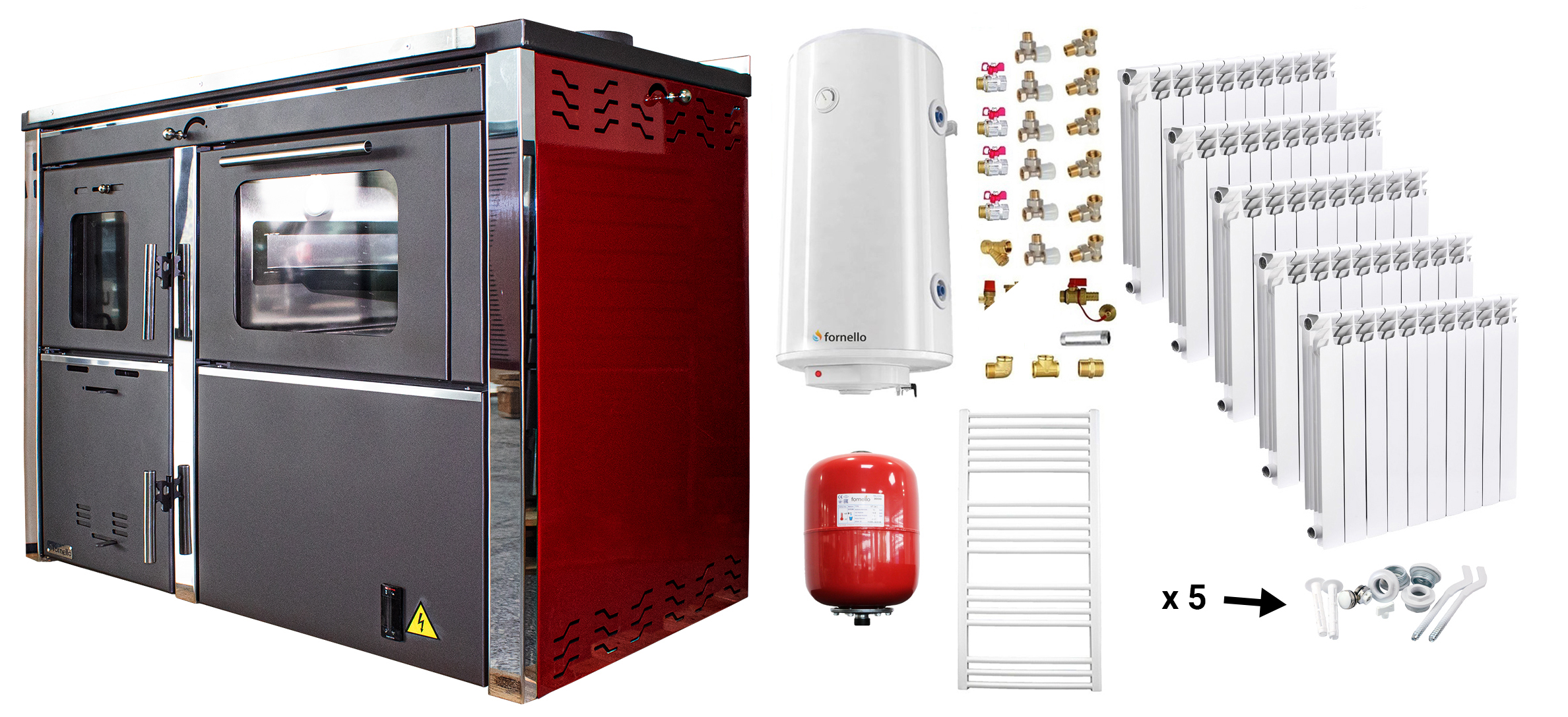 Pachet incalzire si apa calda Termosemineu FORNELLO STAR Red 34 kw pe combustibil solid, echipat cu pompa, calorifere aluminiu Fornello Alvo, boiler termoelectric 100l, vas expansiune si kit montaj