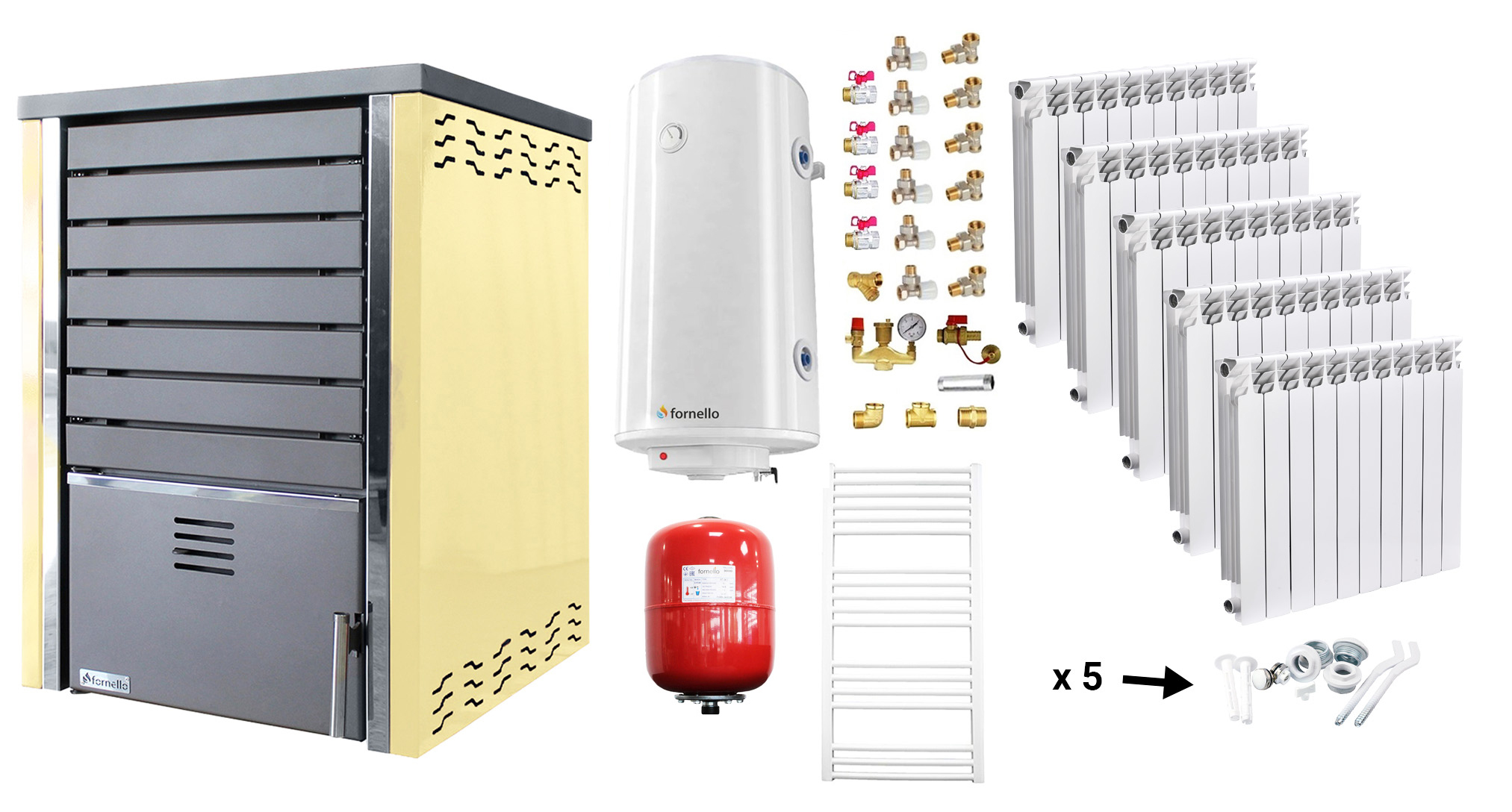 Pachet incalzire si apa calda Centrala pe lemne FORNELLO SAUNA CREAM 30 kw echipata cu pompa de circulare, calorifere aluminiu Fornello Alvo, boiler termoelectric 100l, vas expansiune si kit montaj