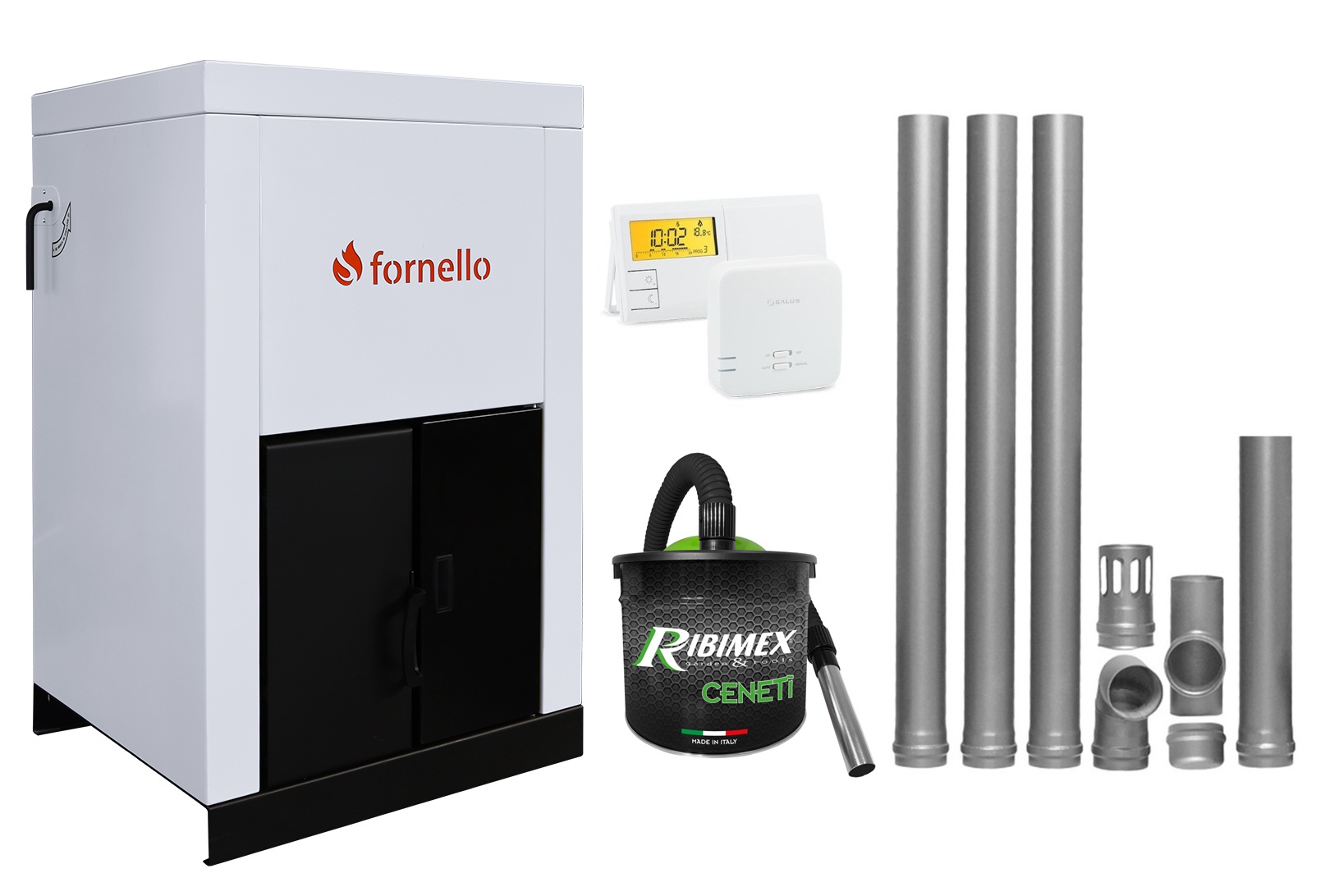 Pachet Centrala pe peleti Fornello Eco Energy 25 kW, complet echipata cu pompa, vas expansiune, automatizare, kit evacuare 3.5 ml, Termostat Salus 091FLRFV2 si Aspirator Cenusa, curatare facila, pana la 200 mp afisaj digital, arzator fonta