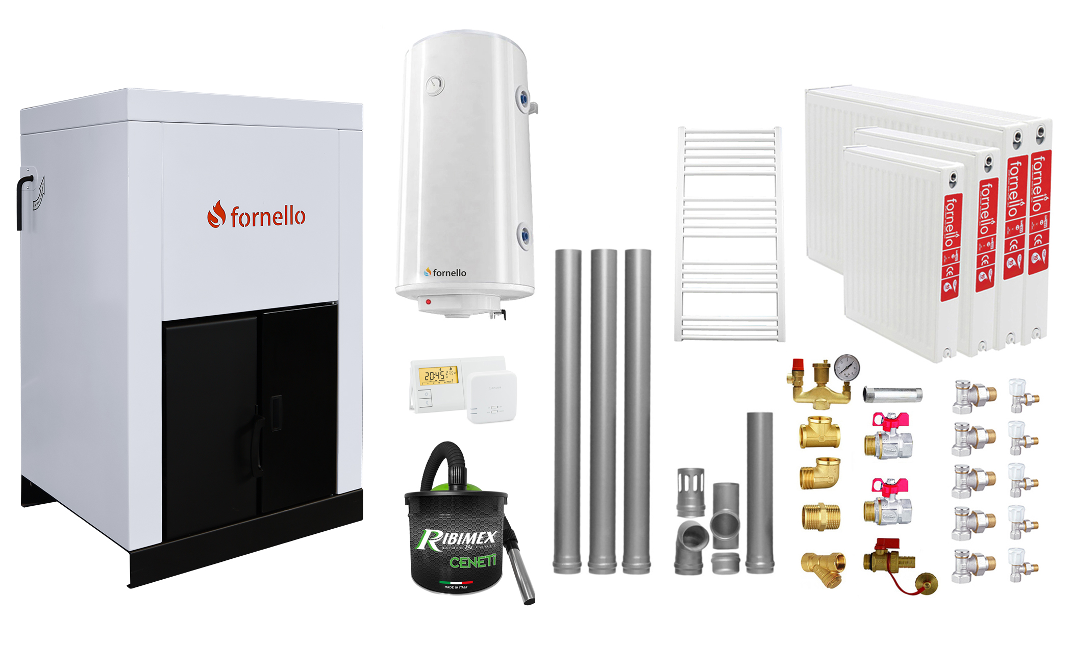 Pachet Centrala pe peleti Fornello Eco Energy 25 kW, complet echipata cu pompa, vas expansiune, automatizare, Radiatoare otel, Fitinguri, boiler, kit evacuare 3.5 ml, Termostat Salus 091FLRFV2 si Aspirator Cenusa, curatare facila, pana la 2