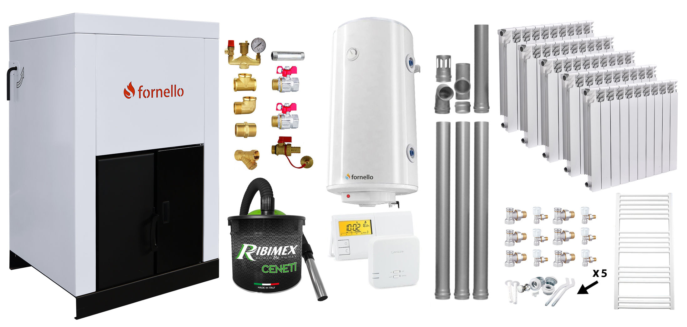Pachet Centrala pe peleti Fornello Eco Energy 25 kW, complet echipata cu pompa, vas expansiune, automatizare, Calorifere aluminiu Fornello Alvo, Fitinguri, boiler, kit evacuare 3.5 ml, Termostat si Aspirator Cenusa, curatare facila, pana la
