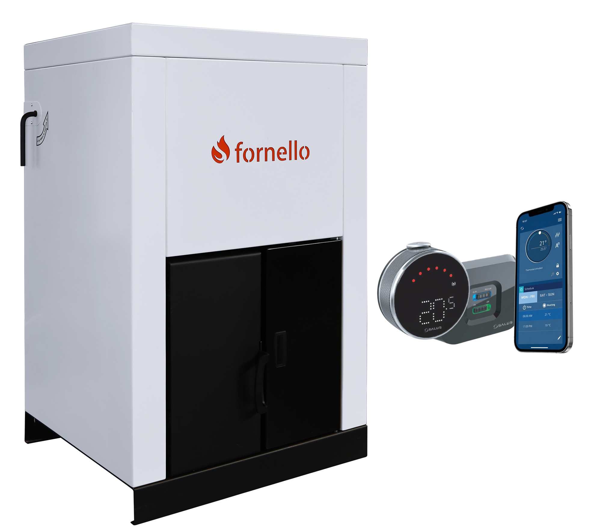 Pachet control de la distanta Centrala pe peleti Fornello Eco Energy 25 kW, complet echipata pentru incalzire, pompa circulatie, vas expansiune, automatizare, buncar peleti 45 kg, tiraj fortat, aprindere automata, curatare facila, pana la 2