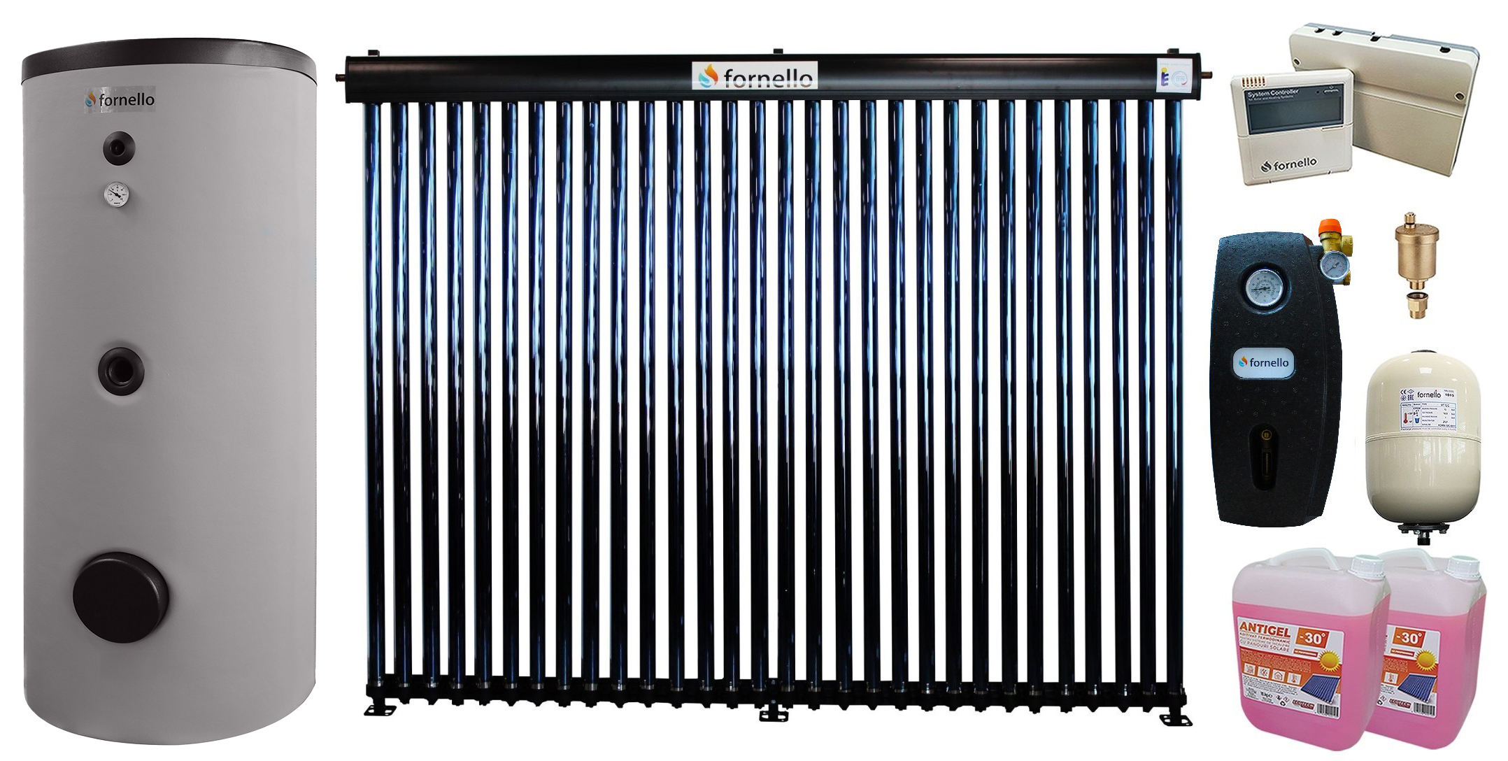 Pachet sistem solar presurizat, Panou Fornello 30 Tuburi Heat Pipe, Grup pompare, Boiler de SOL cu 2 serpentine Fornello Optima EV 300 LT 2S, Controller, Vas expansiune, Aerisitor, Antigel