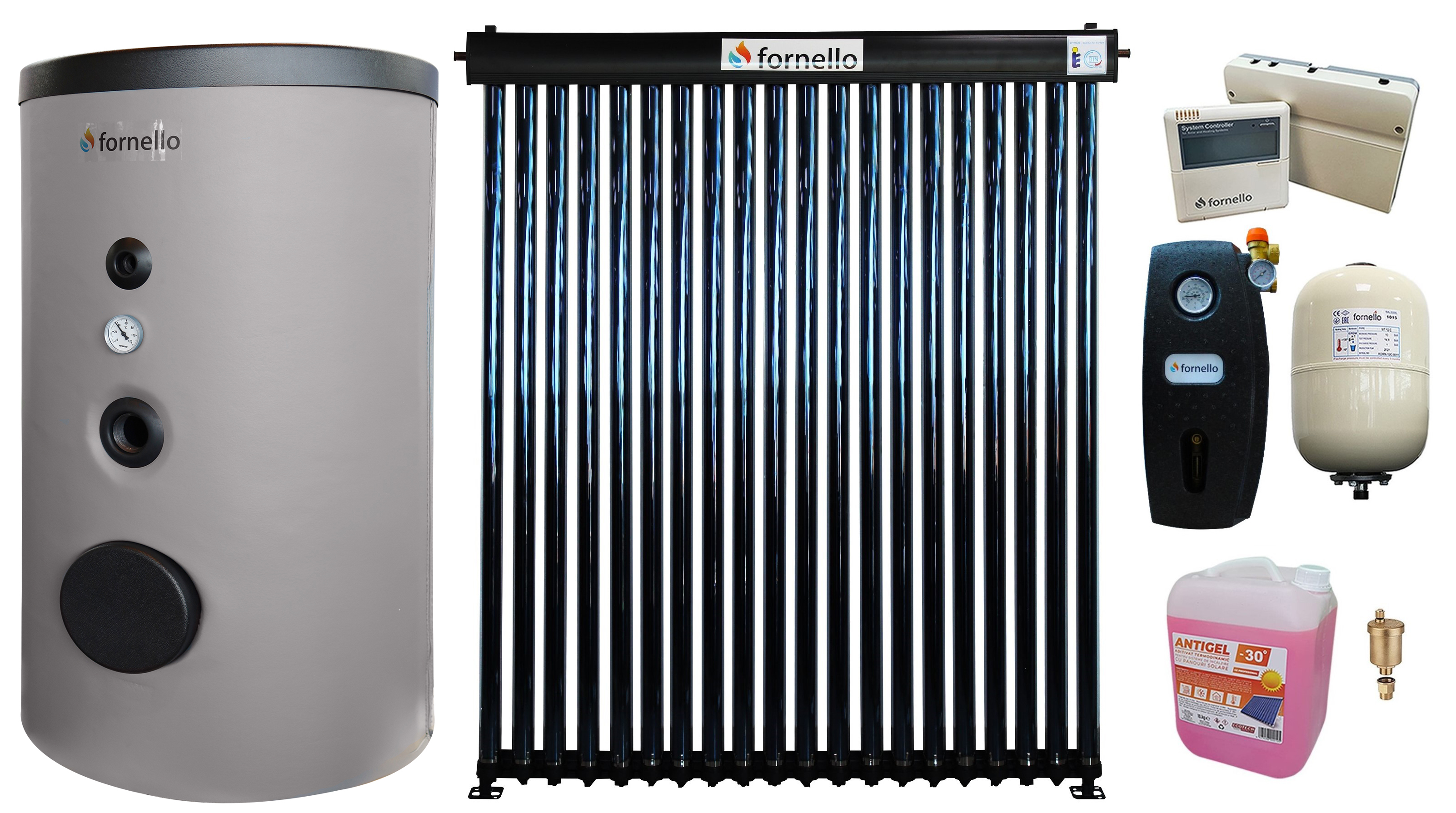 Pachet sistem solar presurizat, Panou Fornello 20 Tuburi Heat Pipe, Boiler Fornello Optima EV 6/4 S2, 160 Litri, Controller, Vas expansiune, Grup pompare, Aerisitor, Antigel