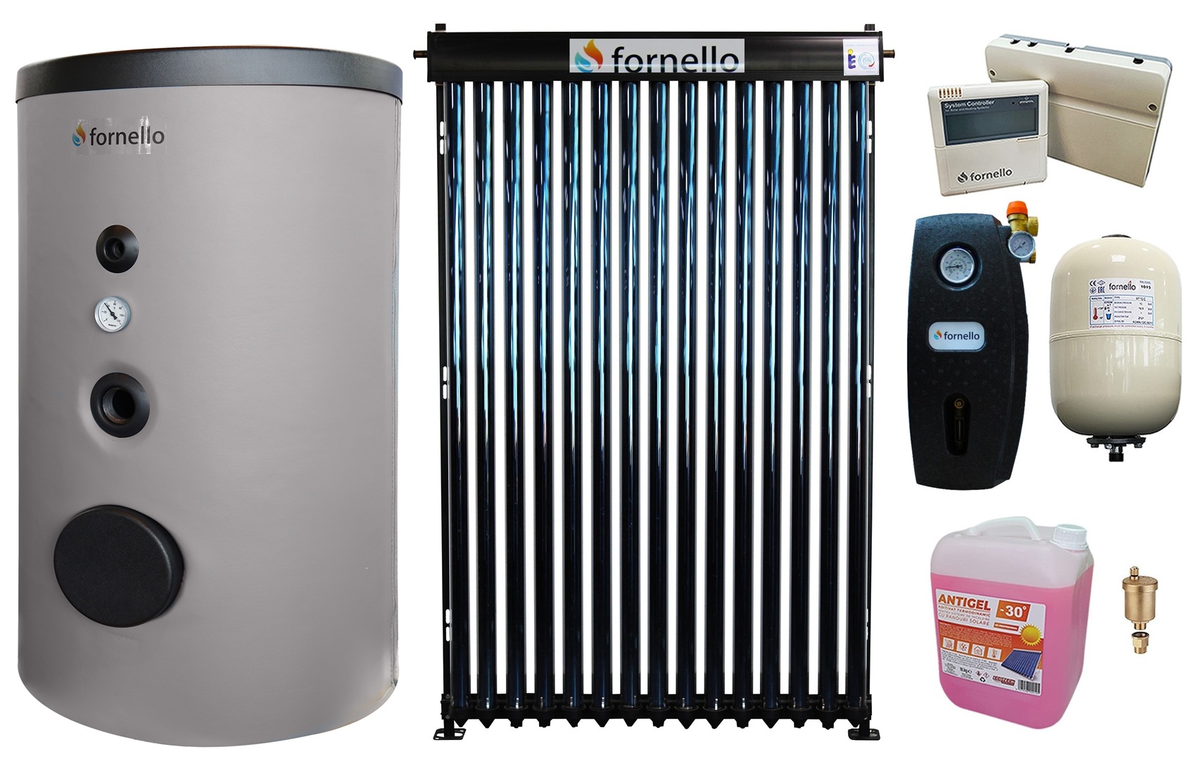 Pachet sistem solar presurizat, Panou Fornello 15 Tuburi Heat Pipe, Boiler Fornello Optima EV 6/4 S2, 160 Litri, Controller, Vas expansiune, Grup pompare, Aerisitor, Antigel