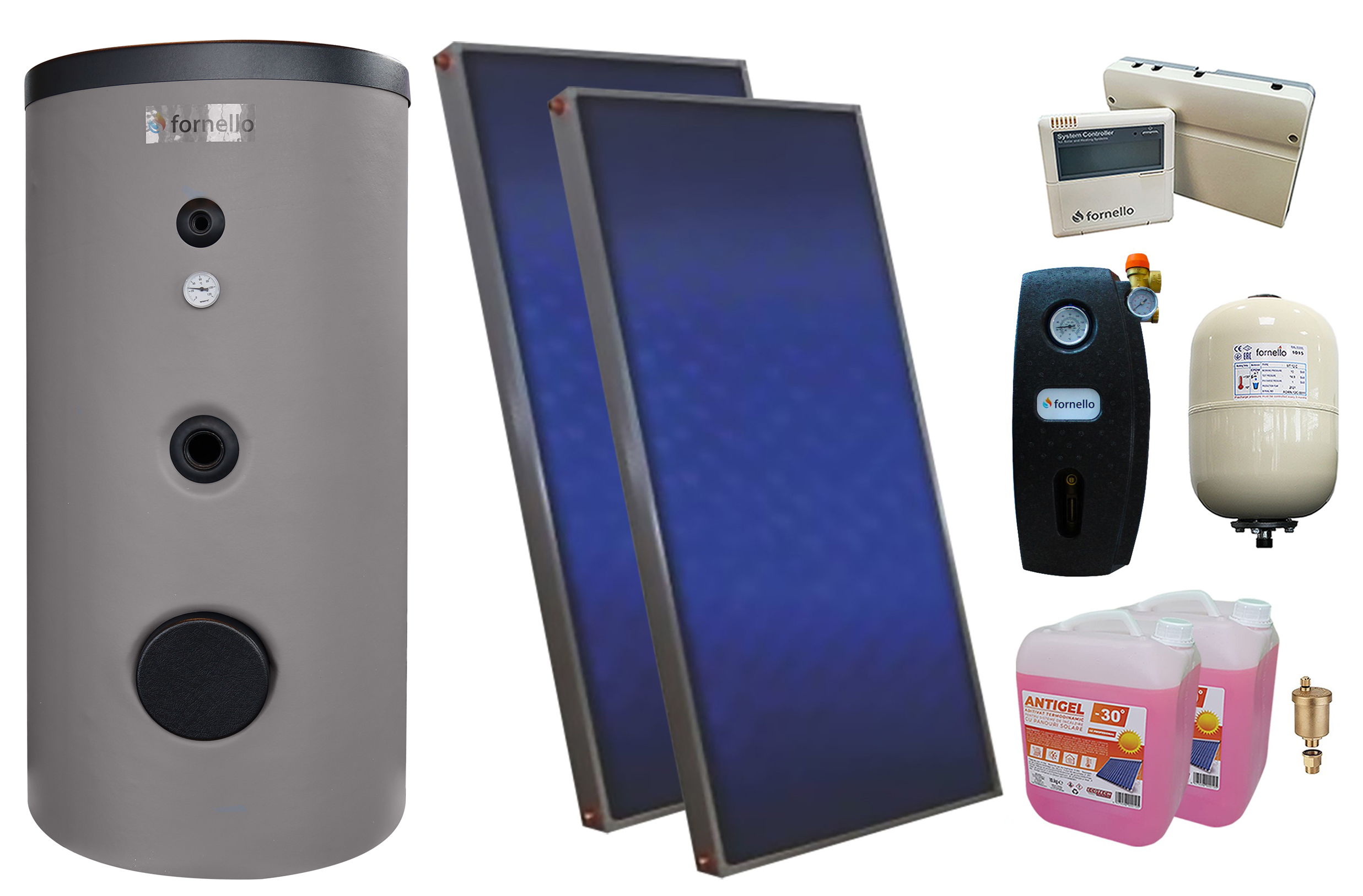 Pachet sistem solar presurizat, 2 x Panou Sunsystem PК SL FP 2.0,Boiler Fornello Optima EV 7/5 S2, 200 Litri, Controller, Vas expansiune, Grup pompare, Aerisitor, Antigel