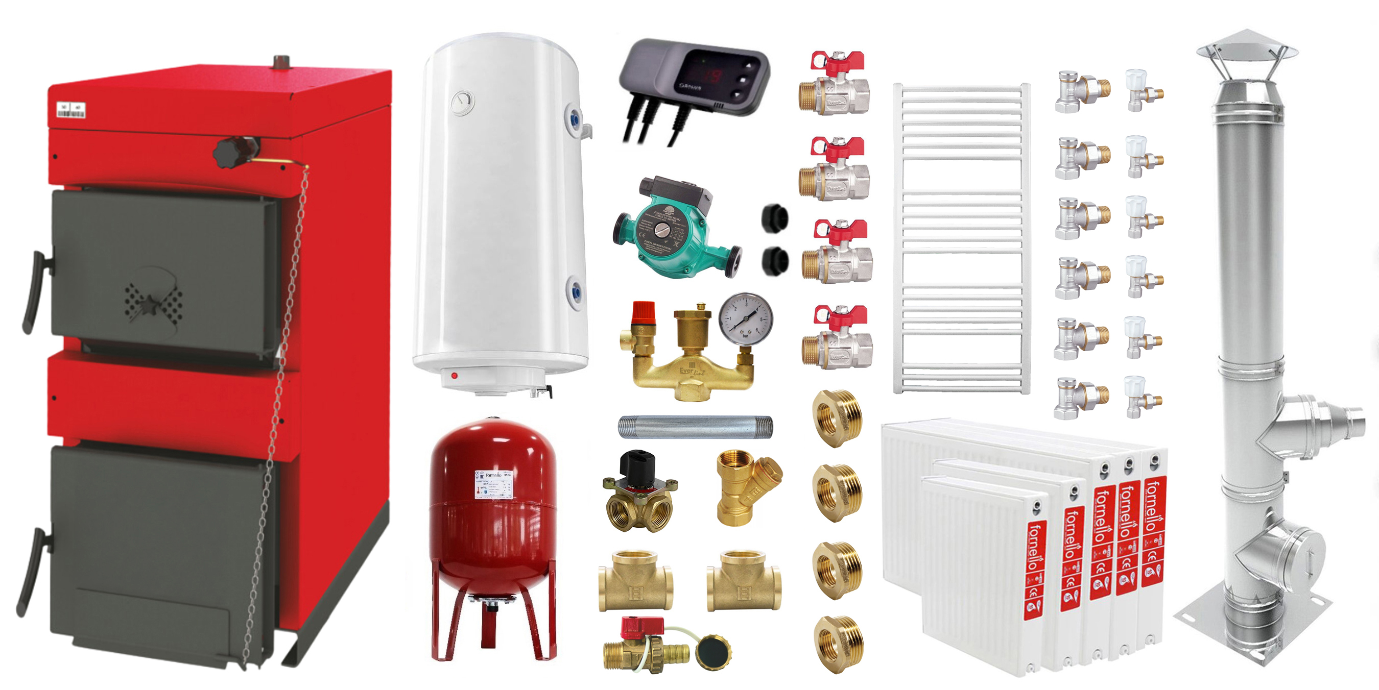 Pachet Centrala pe combustibil solid ​Sunsystem Burnit NWB 25 kW, cos inox, calorifere, boiler termoelectric, vas expansiune, pompa circulare, controller pompa, fitinguri montaj