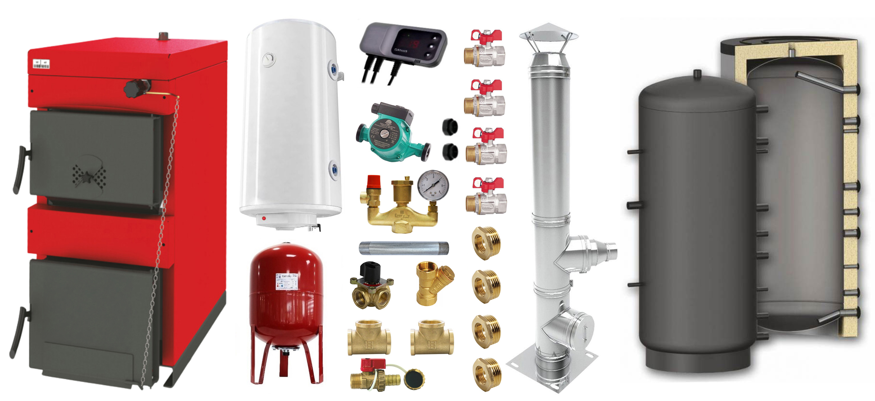Pachet Centrala pe combustibil solid ​Sunsystem Burnit NWB 25 kW, cos inox, puffer, boiler termoelectric, vas expansiune, pompa circulare, controller pompa, fitinguri montaj