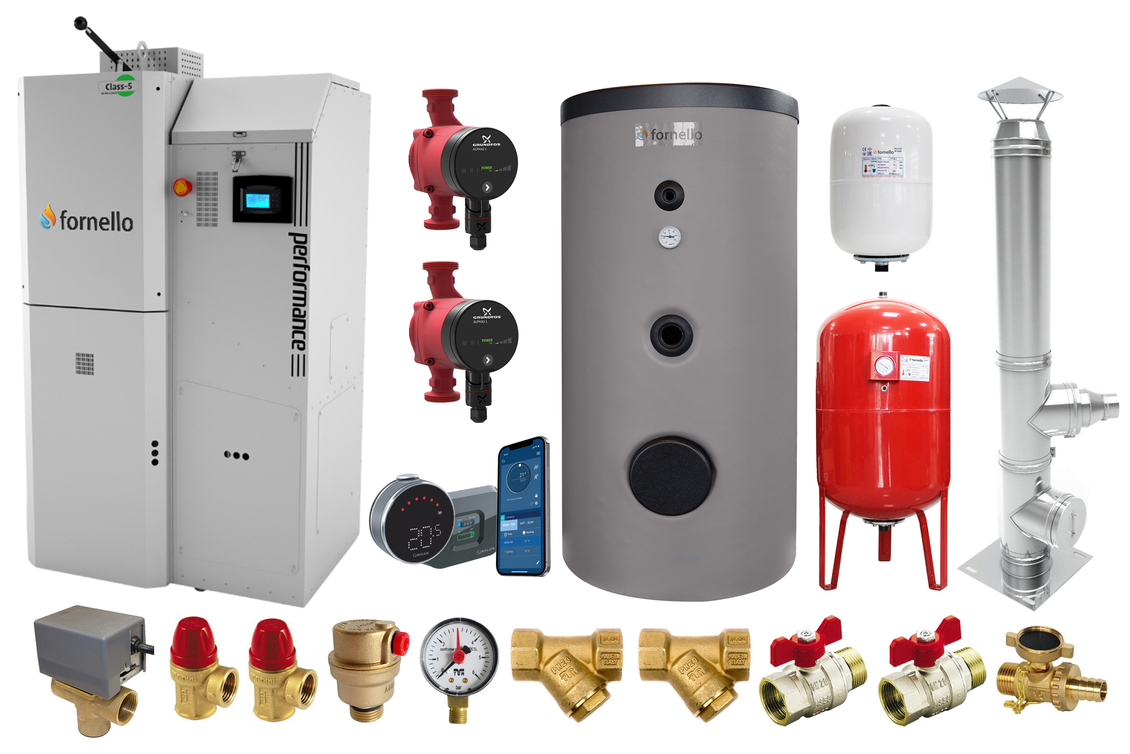 Pachet premium Centrala pe peleti Fornello Slimpel Performance 40 kw, boiler, termostat control de la distanta, pompe electronice, vas expansiune termic si sanitar, vana deviatoare 3 cai, cos inox si fitiguri de baza