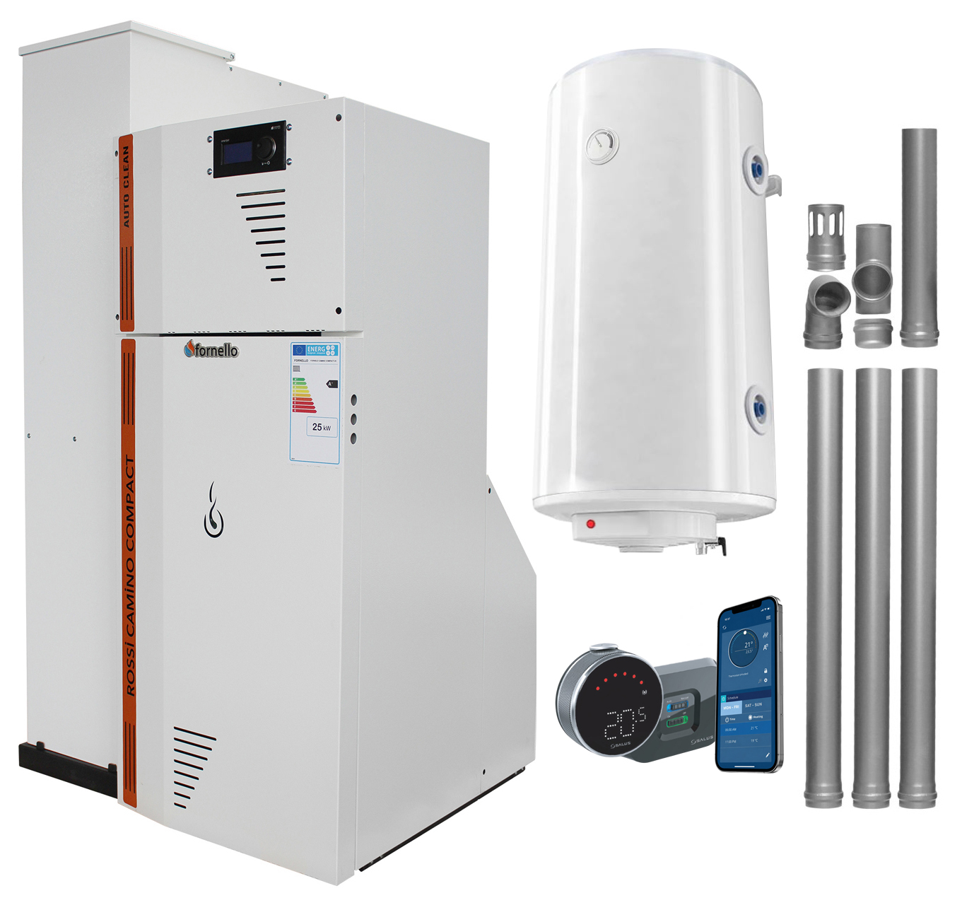 Pachet Centrala termica compacta pe peleti Fornello Rossi Camino Compact Automatic 25 kw, boiler, kit evacuare, pompa de circulatie, vas expansiune, tiraj fortat, curatare automata a arzatorului si a drumurilor de fum, Ecodesign, A+