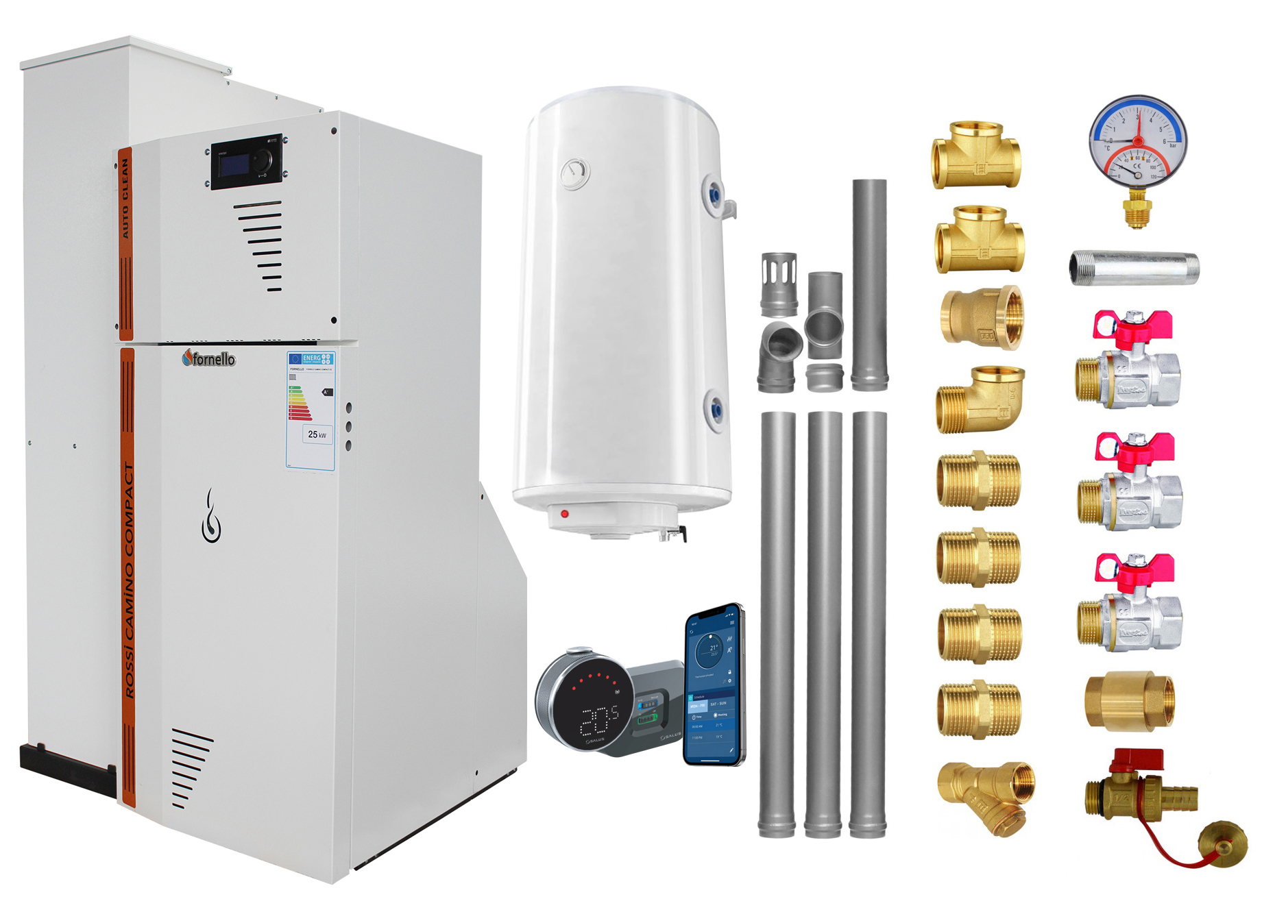Pachet Centrala termica compacta pe peleti Fornello Rossi Camino Compact Automatic 25 kw, boiler, termostat, kit evacuare, fitinguri, pompa de circulatie, vas expansiune, tiraj fortat, curatare automata a arzatorului si a drumurilor de fum,