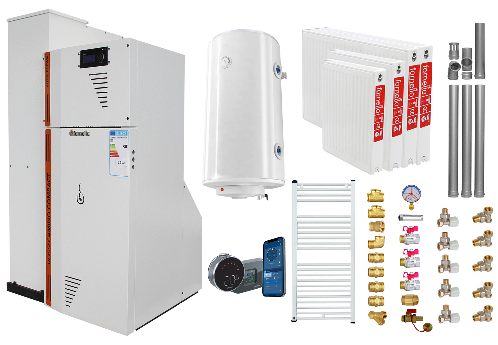 Pachet Centrala termica compacta pe peleti Fornello Rossi Camino Compact Automatic 25 kw, calorifere, boiler, termostat, kit evacuare, fitinguri, pompa de circulatie, vas expansiune, tiraj fortat, curatare automata a arzator si  drumuri de 