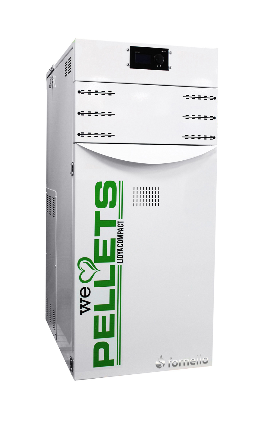 Centrala termica pe peleti Fornello Lidya Compact Plus 25 kw, curatare automata arzator si mecanica schimbator, echipata cu pompa electronica Grundfos, vas expansiune, grup siguranta integrat, arzator inox, clasa A+