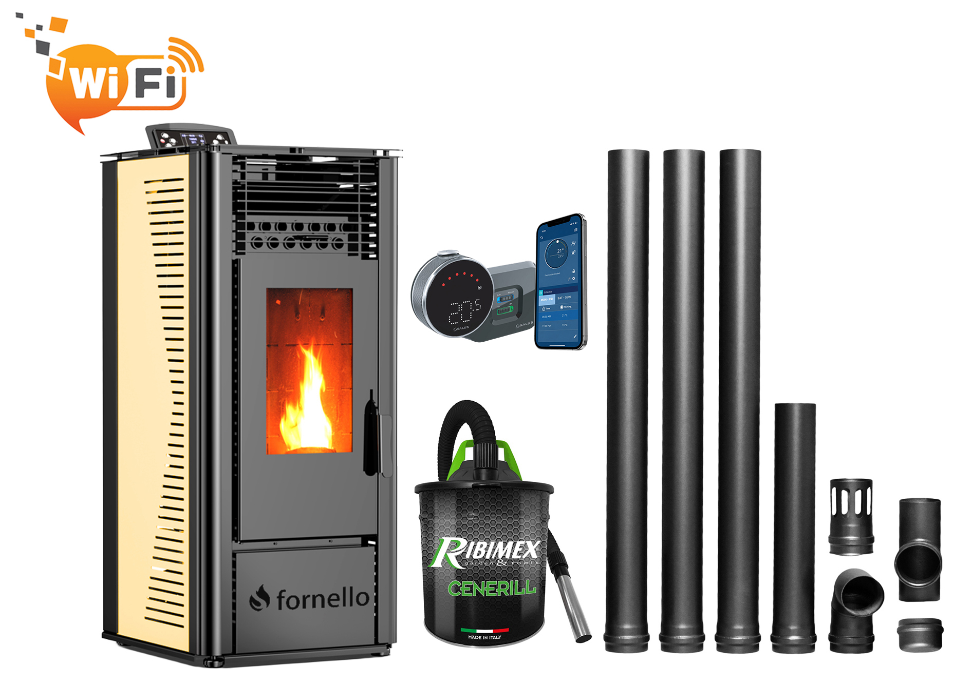 Pachet complet pentru incalzire cu control de la distanta format din Semineu (soba) pe peleti cu tiraj fortat Fornello SOPHIA WI-FI 11 kw, termostat Salus IT 800, aspirator, kit de evacuare 3,5 metri, telecomanda, Wi-fi, culoare Ivory