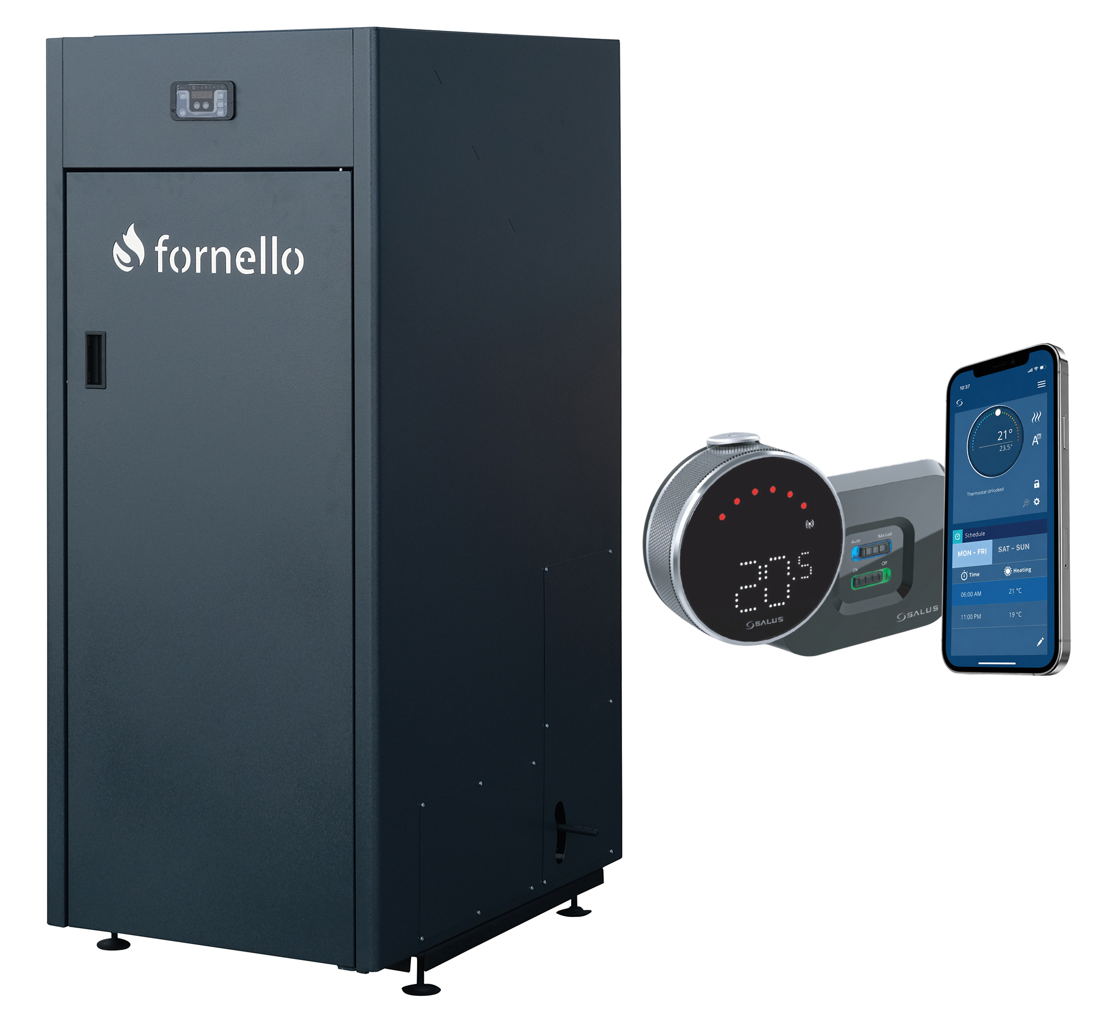 Pachet control de la distanta, Centrala pe peleti Fornello King Plus 25 KW, termostat, pompa de circulatie, vas de expansiune, supapa de siguranta, automatizare, rezervor pentru peleti 100 kg, creuzet din fonta, tiraj fortat