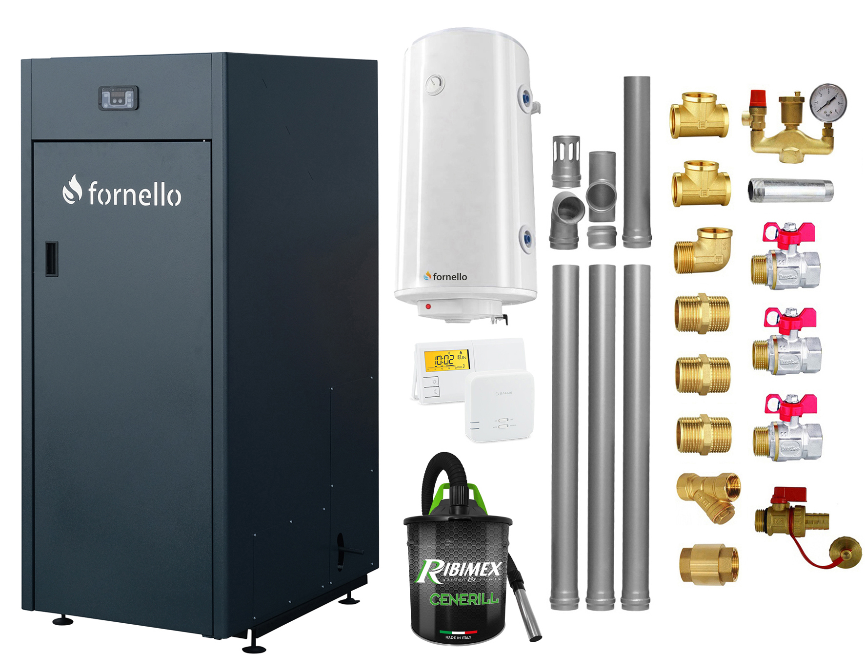 Pachet Centrala pe peleti Fornello King Plus 30 KW, boiler, termostat, aspirator, kit evacuare, fitinguri, pompa de circulatie, vas de expansiune, supapa de siguranta, automatizare, rezervor pentru peleti 125 kg, creuzet din fonta, tiraj fo