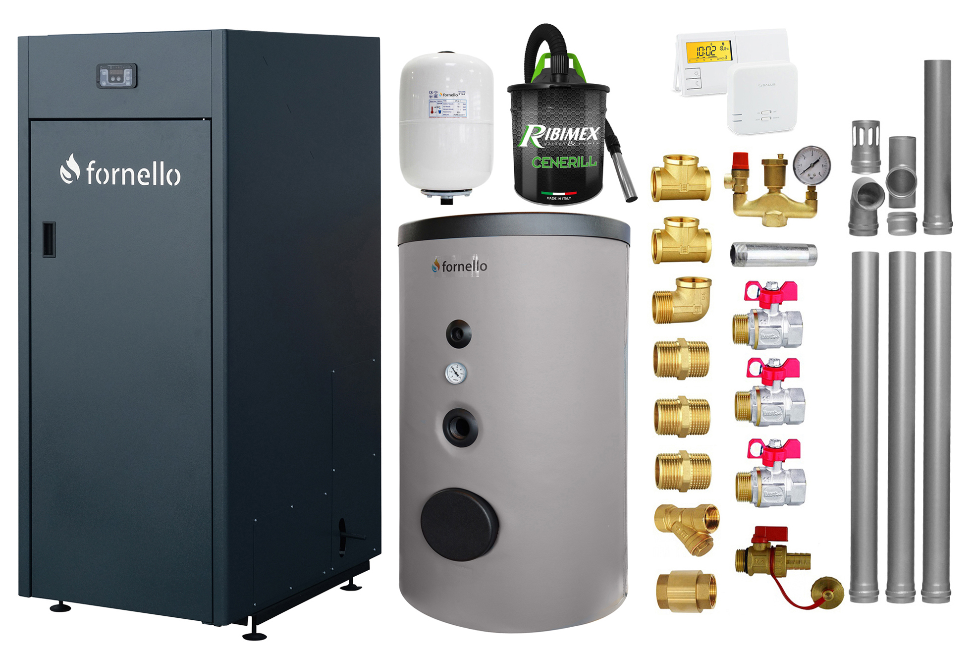 Pachet Centrala pe peleti Fornello King Plus 25 KW, boiler de sol, termostat, aspirator, kit evacuare, fitinguri, pompa de circulatie, vas de expansiune, supapa de siguranta, automatizare, rezervor pentru peleti 100 kg, creuzet din fonta, t
