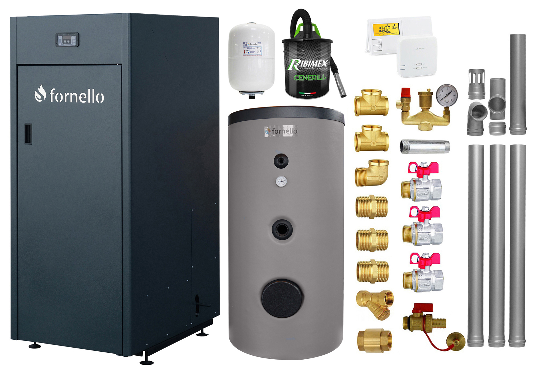 Pachet Centrala pe peleti Fornello King Plus 30 KW, boiler de sol, termostat, aspirator, kit evacuare, fitinguri, pompa de circulatie, vas de expansiune, supapa de siguranta, automatizare, rezervor pentru peleti 125 kg, creuzet din fonta, t