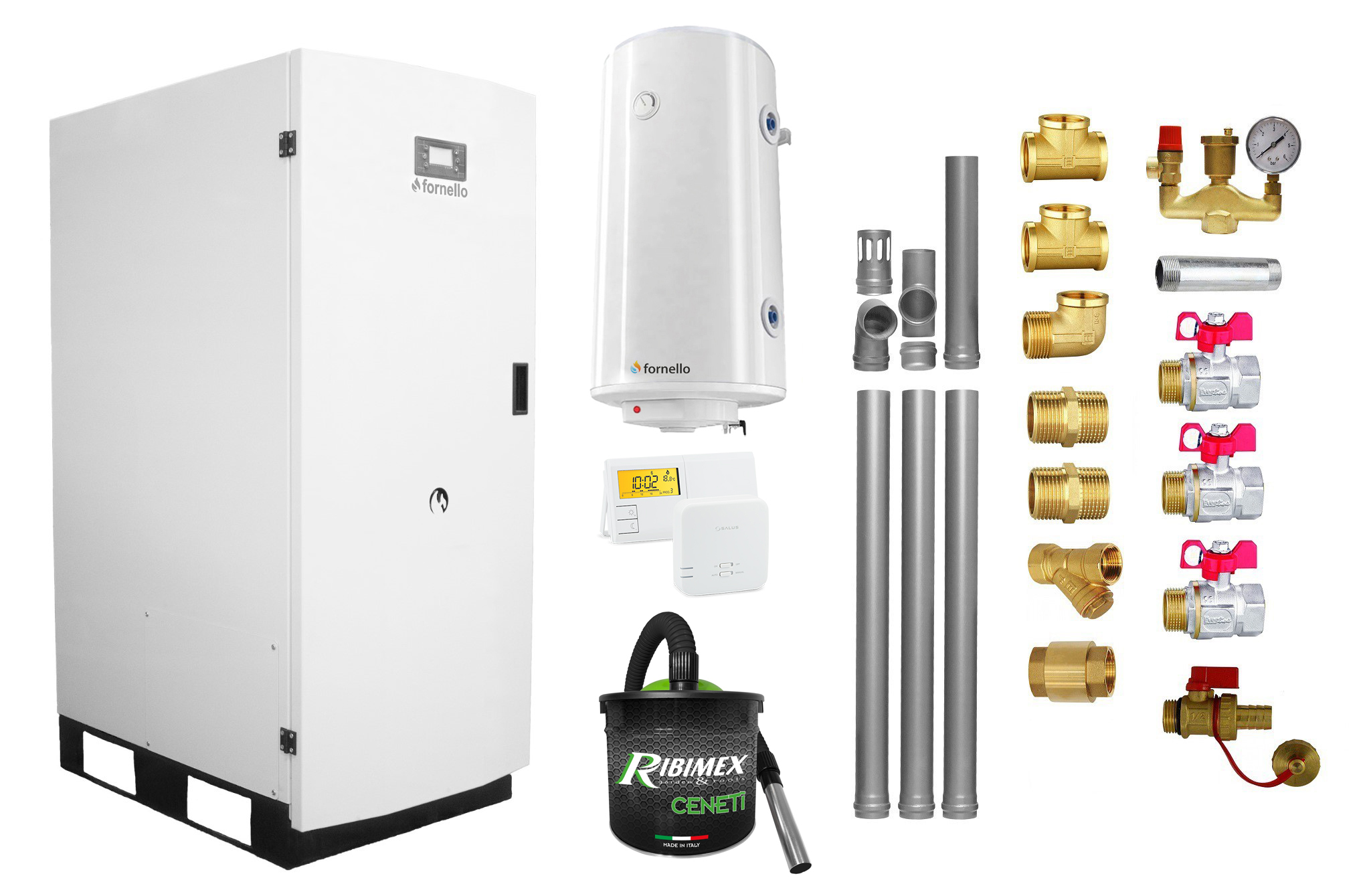 Pachet Centrala termica pe peleti Fornello GT 35 Standard, 35 KW, pompa circulatie, vas expansiune, boiler, kit evacuare, termostat, aspiratior, manometru, fitingurimontaj, curatare mecanica arzator si schimbator, A+