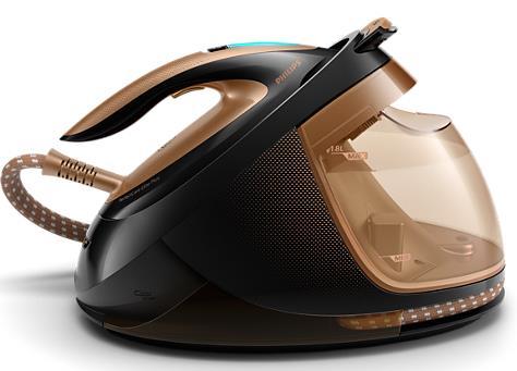 Statie de calcat Philips PerfectCare Elite Plus GC9682/80, 2700 W, Talpa T-ionicGlide, 165 g/min, Jet de abur vertical, Tehnologie OptimalTEMP, Negru/Auriu